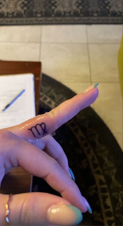 Virgo Finger Tattoos For Women, Virgo Tattoo On Finger, Virgo Tattoo Finger, Virgo Finger Tattoo, Virgo Sign Tattoo, Side Finger Tattoos, Virgo Symbol, Virgo Tattoo, Finger Tats