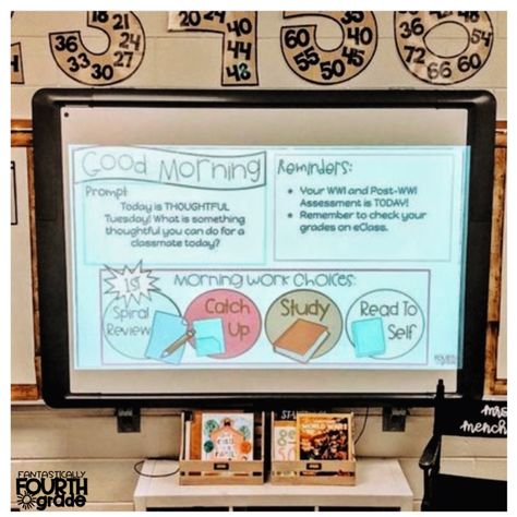 Soft Start Morning Routines in Upper Elementary Classrooms Morning Routine Classroom 3rd Grade, Elementary Soft Start, Fourth Grade Classroom Setup, Morning Work Elementary, 4th Grade Morning Routine, Soft Starts In The Classroom 3rd Grade, Soft Starts In The Classroom 4th Grade, Morning Slides Classroom, Soft Starts In The Classroom