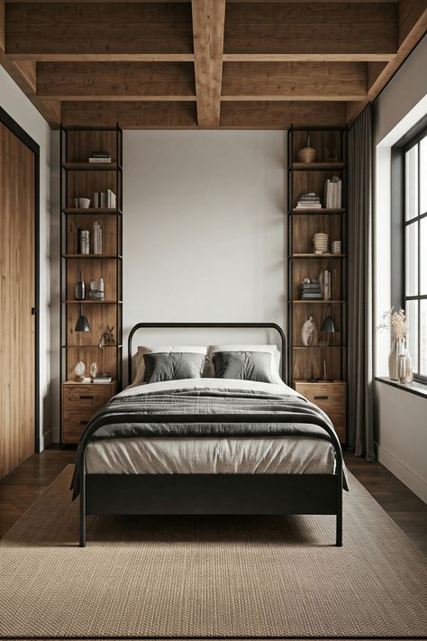 Design your loft bedroom with urban industrial furniture, such as a black metal bed frame, reclaimed wood nightstands, and open shelving units. Highlight the room’s spacious charm with open ceiling beams for a raw architectural look. Keep the palette soft and neutral, using grays, whites, and muted earth tones. Add natural textures like jute rugs, linen curtains, and textured throws to balance the industrial vibe with warmth. Finally, industrial pendant lights and soft velvet cushions will bring cozy elegance to this urban-inspired retreat.

Loft bedroom, urban industrial furniture, neutral palette, natural textures, ceiling beams, industrial pendant lights, reclaimed wood nightstands, jute rugs, velvet cushions, open shelving, textured throws, cozy elegance.