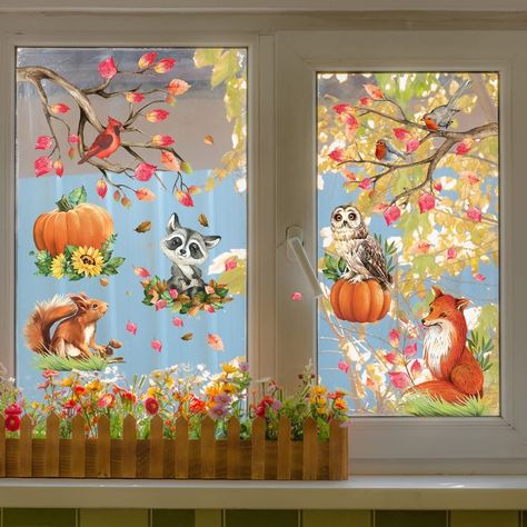 Mfault Fall Woodland Animals Window Clings 9 Sheets, Autumn Safari Fox Squirrel Owl Raccon Hedgehog Pumpkin Stickers Decal Decorations, Forest Cardinal Birds Tree Branch Harvest Home Kitchen Decor Hedgehog Pumpkin, Fall Window Decorations, Fall Windows, Fox Squirrel, Home Kitchen Decor, Elementary Library, Pumpkin Stickers, Cardinal Birds, Bird On Branch