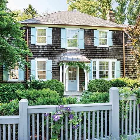 Shutters Cottage, Country Shutters, Magical Spaces, Cedar Shake Siding, Nantucket Cottage, Cottage Journal, Home Styles Exterior, Front Door Makeover, Blue Shutters