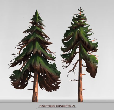 Pine trees concepts, Ulysse Verhasselt on ArtStation at https://www.artstation.com/artwork/z4KgL Nature Concept Art, Pine Tree Illustration, Pine Tree Drawing, Pine Tree Painting, Casa Anime, Tree Background, Background Nature, Bg Design, Game Environment