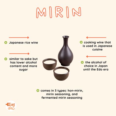 Mirin is a Japanese rice wine that is made similarly to sake but has lower alcohol content and more sugar. 🍶 Mirin was the alcohol of choice in Japan until the Edo era when sake became the popular drink and the former was relegated to a cooking alcohol. Today, mirin is a cooking wine extensively used in Japanese cuisine and is considered an essential condiment in Japanese food. Find out more on www.eatdat.com #mirin #japanesefood #japanesecuisine #ricewine #teriyaki #kabayaki #mentsuyu Japanese Condiments, Japanese Alcohol, Less Alcohol, Japanese Wine, Edo Era, Love Japanese, Food Aesthetics, Popular Drinks, Japanese Sake