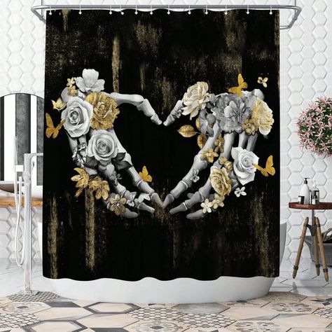 Canary Houze · Products · Skull Love Shower Curtain: Waterproof Anti-Mold Bathroom Decor Set · Shopify Black And Gold Skeleton, Edgy Decor, Halloween Bathroom Decor, Practical Bathroom, Shower Curtain Black, Skull Love, Gold Skeleton, Halloween Bathroom, Bathroom Decor Sets