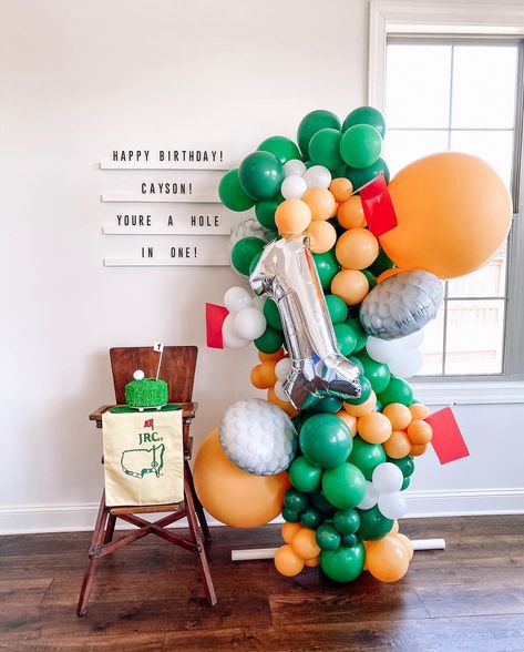 First Birthday Hole In One, First Birthday Masters Theme, Hole In One Balloon Arch, Golf Birthday Balloons, Masters 1st Birthday Party, Hole In One Balloon Decor, Masters Themed Party, Hole In One First Birthday Balloon Arch, Hole In One Birthday Backdrop