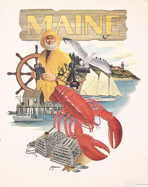 Maine - 1960 - (Gogan) - Maine Illustration, Maine Poster, Bethel Maine, Lobster Party, Maine Postcard, Kittery Maine, Save The Date Stamp, York Maine, Maine Art