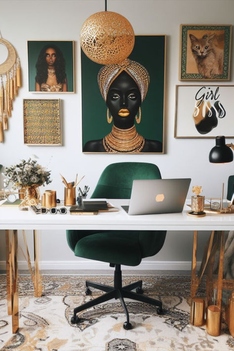 African Inspired Office Decor, Afrocentric Office Decor, Green Gold Office Decor, Emerald Home Office, Afro Boho Office, Gold Office Aesthetic, Black White Green Office, Glam Home Office Decor, Home Office Earthy