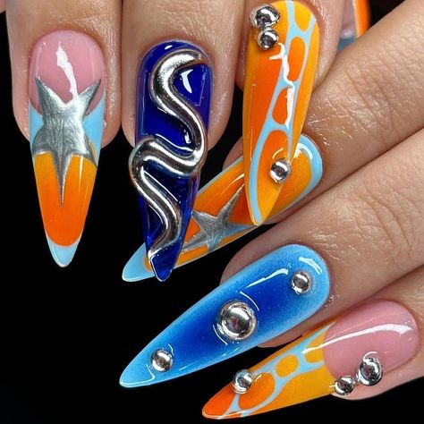 Nailz By Kat LLC | 🌀🍊Tangerine Twist 🍊🌀 • • • SUNNY D from @nailzbydevshop was the perfect juicy orange color 🍊🍊 use my code: 𝐍𝐁𝐊𝟏𝟎 to save on all… | Instagram Orange Blue Nails Art Designs, Pink Orange Blue Nails, Dark Blue And Orange Nails, Blue And Orange Nail Ideas, Blue Orange Nails, Play Nails, Neva Play, Orange And Blue Nails, Acrylic Nail Colors