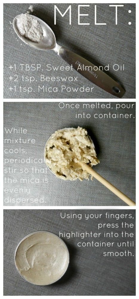 DIY Cheek and Brow Highlighter :: +1 Tbsp. Sweet Almond Oil +2 tsp. beeswax +1 tsp. Mica Powder / homemade diy makeup, face makeup, contour, contouring Face Makeup Contour, Diy Highlighter Makeup, Diy Highlighter, Diy Natural Makeup, Brow Highlighter, Diy Makeup Recipe, Makeup Contour, Makeup Recipes, Homemade Makeup