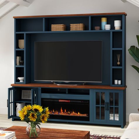 Elevate your home entertainment experience with our 97" no assembly required Fireplace Entertainment Center that will hold an up to 80 in television. Glass Panel Doors, Fireplace Console, Fireplace Entertainment Center, Fireplace Entertainment, Entertainment Wall, Farm House Colors, Glass Panel Door, Wood Fireplace, Fireplace Inserts