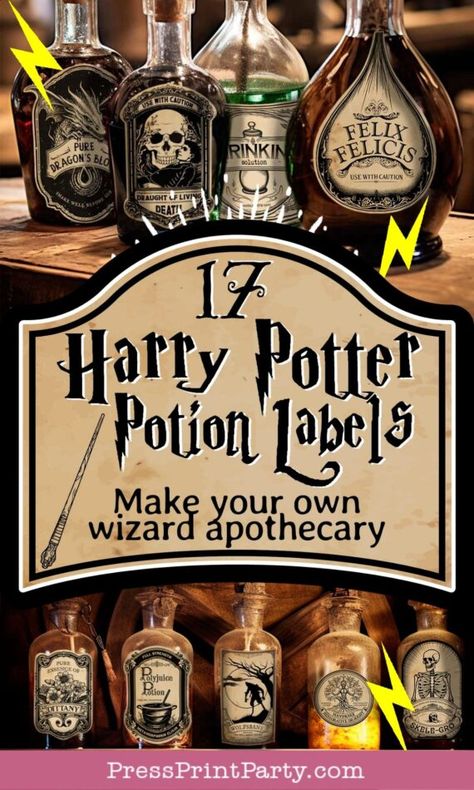 17 Must-See Harry Potter Potion Label Ideas Just like in Hogwarts - Harry Potter Potions Labels Printable Digital Download Stickers Vintage Apothecary Labels Floo Powder, Polyjuice Potion, Veritaserum, Amortentia, Felix Felicis, Skele-Gro, Pepperup, Dittany, Felix Felicis, Wolfsbane, Skele-Gro. Great for Harry Potter party, wizard party, or Halloween Decor - Press Print Party! Harry Potter Apothecary Labels, Harry Potter Potion Labels Printables, Free Harry Potter Potion Labels, Harry Potter Floo Powder Diy, Harry Potter Bottle Labels, Harry Potter Props Printable, Potion Bottles Harry Potter, Snapes Potion Room, Harry Potter Printables Free Templates Potion Labels