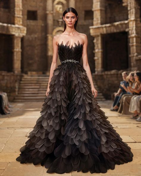 The couture fall/winter strapless black layered organza dress is a tribute to timeless elegance. It features a strapless bodice made from delicate layers of black and grey organza, with a short skirt flowing gracefully in layers, creating a mesmerizing silhouette that exudes ethereal beauty with every step. #saiidkobeisy #hautecouture #FW2425 Saiid Kobeisy, Elegant Gowns, Bright Fashion, Black Layers, Fashion Gowns, Dream Dresses, Organza Dress, Couture Details, Fall Winter 2024