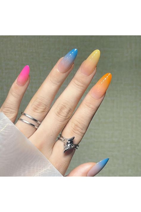 Lovamis Press on Nails Medium, Fake Nails with Glue Almond Short, Pastel Colorful Rainbow False Nails French Tip Acrylic Nail Kit, Glue on Nails for Women, 24PC/Set(color wash) Nails Pattern, Nail Piercing, Press Nails, Home Nail Salon, Fake Nails With Glue, Nails For Women, Street Swag, Nails Almond, Nail Patterns