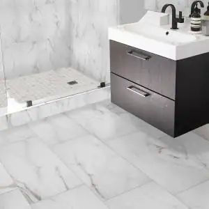 Michelangelo Calacatta Rectified 12 in. x 24 in. Matte Porcelain Tile Sample Large Tile Bathroom, Florida Bathroom, Master Bath Tile, Florida Tile, Future Bathroom, White Porcelain Tile, Marble Tile Bathroom, Bath Tile, White Bathroom Tiles