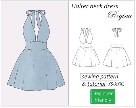 Halter neck dress sewing pattern PDF. Summer dress pattern with detailed step by step tutorial (illustrated).  The pattern is available in English. Sizes: XS-XXXL Instant download. Printable pattern and detailed tutorial illustrated with pictures. You don't have to wait until I send you the file as it is sent immediately and automatically right after the purchase! You can print the pattern at your local copy shop or print at home (A4/ US letter sized paper). More sewing patterns in my shop! Sewn Dress Pattern, Sew Pattern Dress, Romantic Sewing Patterns, Halter Top Dress Pattern, Sewing Ideas Clothes Dresses, Halter Dress Pattern Free, Fun Sewing Patterns, Two Piece Sewing Pattern, Plus Size Dress Patterns Free