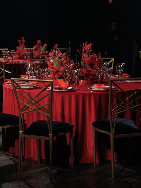 Brides Proposal, Brand Portfolio, Bar Installation, Party Seating, Red Drapes, Black Attire, Event Room, Stylish Couple, Red Chair