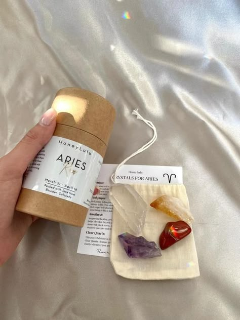 Crystal Self Care, Crystal Gifts Ideas, Diy Zodiac Gifts, Aries Crystals, Crystals Packaging, Aries Gifts, Crystal Box, Boulder Co, Zodiac Gifts