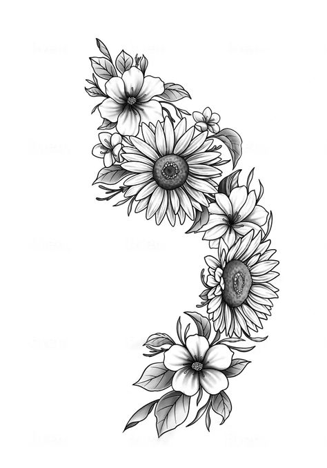 I will create super artistic tattoo design in any style Flowers Cover Up Tattoo Design, Unique Sunflower Tattoo Sleeve, Half A Flower Tattoo, Sunflower Mandala Tattoo Design, Sunflower And Flowers Tattoo, Sun Flower Tattoo Stencils, Floral Mandala Tattoo Leg, Sternum Sunflower Tattoo, Tattoos To Fill In Space On Arm