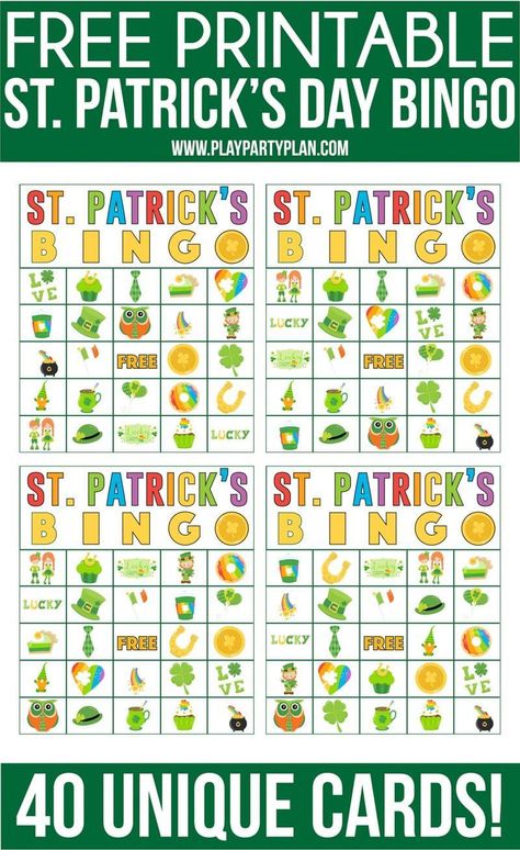 Printable St. Patrick's Day bingo cards that are fun for kids or adults! One of the best party games or activities for players of all ages! St Patricks Day Bingo Free, St Patrick’s Day Bingo, March Activities For Adults, St Patricks Day Activities For Work, St Patricks Day Party Ideas For Kids, St Patricks Day Games For Kids, St Patrick’s Day Activities, St Patricks Day Activities For Kids, Saint Patrick's Day Activities