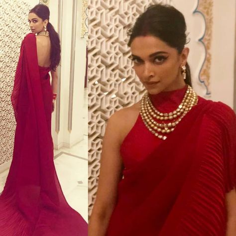 @deepikapadukone looking exquisitely beautiful in @faabiianaofficial. India Costume, Deepika Padukone Saree, Red Saree Blouse, Saree Accessories, Draping Styles, Saree Jackets, Pleated Saree, Halter Neck Blouses, Saree Ideas