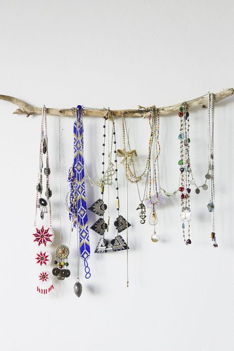 Branch jewelry hanger d.i.y.  |  Justina Blakeney Diy Jewelry Holder Wall, Diy Necklace Holder, Branch Jewelry, Jewelry Holder Wall, Justina Blakeney, Diy Jewelry Display, Jewelry Organizer Wall, Diy Jewelry Holder, Hanger Diy