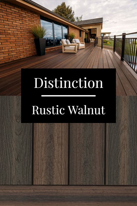 Rustic Walnut deck boards feature dark chocolate and light creamy brown shades that capture the unrefined essence of a walnut tree. Deck Stain Red Brick House, Dark Brown Stained Deck, Dark Brown Deck Stain, Dark Walnut Deck Stain, Composite Deck Ideas Red Brick House, Deck Color Schemes Outdoor, Brown Painted Deck, Deck Stain Colors With Red Brick House, Deck Wood Stain Colors