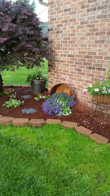 Flowers spilling out of barrel Flower Spilling Out Of Pot, Spilling Flowers Out Of Pot, Spilled Planter Ideas, Barrel Landscaping Ideas, Flower Barrel Ideas, Barrel Flower Pot Ideas, Corner Landscape Ideas, Barrel Garden Ideas, Spilled Flower Pot Ideas