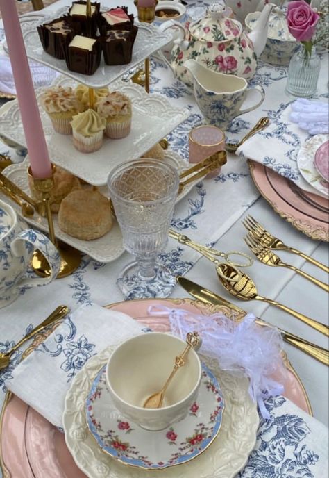 Extravagant Tea Party, Pink And Blue Tea Party, Brigerton Theme Birthday Party, Winter 16th Birthday Party Ideas, Rococo Birthday Party, Indoor Tea Party, Tea Party Themes, Bridgerton Tea Party, Tea Party Birthday Ideas