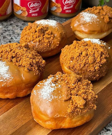 Taz on Instagram: “Copycat Krispy Kreme Biscoff Donuts 😍 ⠀ I had to remake my all time favourite donut and although it’s a lengthy process, it’s SO worth it!…” Biscoff Donut, Copycat Krispy Kreme, Donuts Krispy Kreme, Krispy Kreme Donuts, Biscoff Biscuits, Biscoff Spread, Active Dry Yeast, Double Cream, Lotus Biscoff