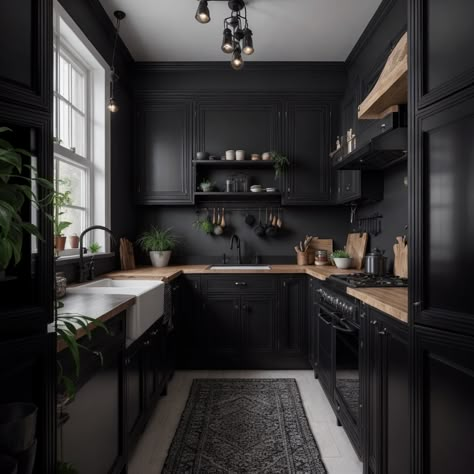 17+ Kitchens Featuring A Black Color Scheme And In A Very Small Space – radientlyrawkitchen White Kitchen Cabinets Dark Walls, Small Gothic Kitchen Ideas, Black Painted Kitchen Walls, All Black Kitchen Cabinets, Kitchen Black Walls, Small Kitchen Dark Cabinets, Black Kitchen Walls, Small Victorian Kitchen, Vintage Black Kitchen