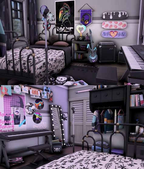 Sim4 Bedroom Ideas, Y2k Bloxburg House Layout, Sims 4 Cute Bedroom, Sims 4 Goth Bedroom, Sims 4 Game Room, Sims 4 Gamer Room, Sims 4 Gaming Room, Teen Bedroom Sims 4, Sims 4 Basement