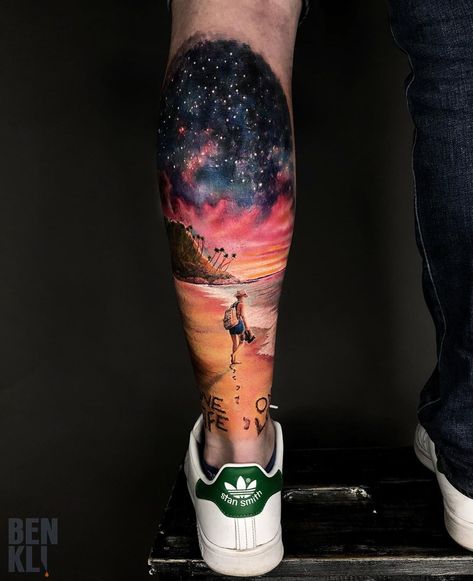 Trendy Tattoo Ideas, Calf Tattoo Men, Tattoos 2023, Beach Tattoos, Sky Tattoos, Colored Tattoo Design, Galaxy Tattoo, Landscape Tattoo, Theme Tattoo