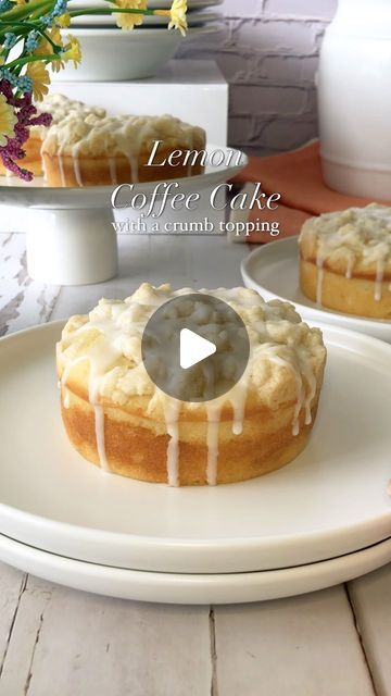 Isis Heuser | Chew On This | Recipes on Instagram: "Squeeze the day with these mini lemon coffee cakes…they’re the zest!

Ingredients:
Crumb topping:
1/2 cup flour
1/4 cup sugar
1 tsp lemon zest
3 TB melted butter
Cake:
1 1/2 cups flour
1 cup sugar
1 1/2 tsp baking powder
1/4 tsp salt
1/2 cup greek yogurt
1/2 cup oil 2 eggs
1/4 cup lemon juice
2 TB lemon zest
Icing:
1 cup powdered sugar
2 TB lemon juice  Instructions:
Preheat oven to 350 F
Oil and add a parchment round to four, 4-inch cake pans
Crumb topping:
Stir together ingredients and refrigerate until ready to use
Cake:
Combine the flour, sugar, baking powder and salt, set aside
Mix  together the greek yogurt, oil, eggs, lemon juice and lemon zest
Add the wet ingredients to the dry and stir to combine
Evenly distribute the batter betw Mini Lemon Coffee Cakes, Lemon Crumb Coffee Cake, Lemon Coffee Cake With Crumb Topping, Lemon Coffee Cake Recipes, Lemon Cake Recipes, 4 Inch Cake, Lemon Crumb Cake, Lemon Coffee Cake, Lemon Coffee