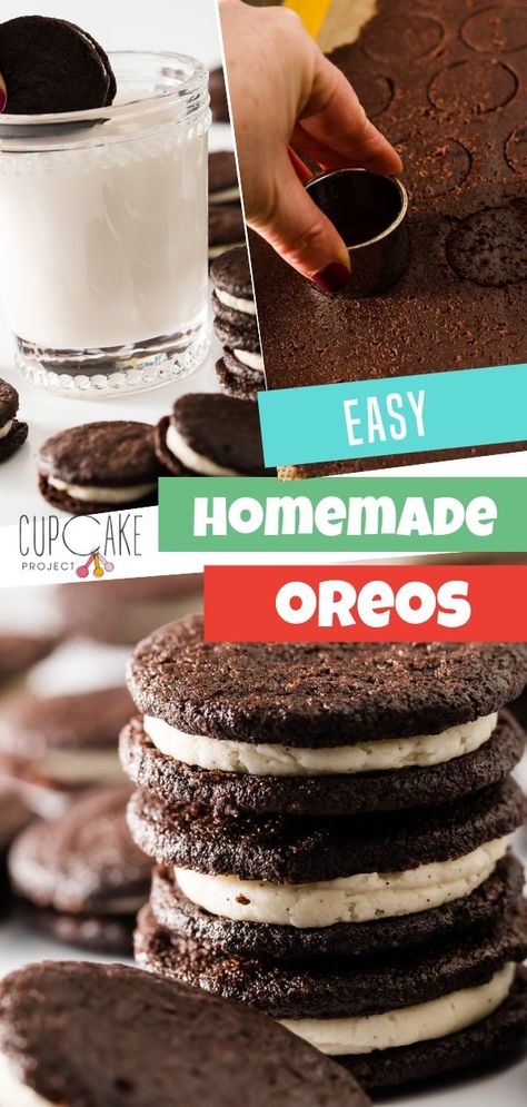 An easy homemade Oreo cookie that tastes like store-bought Oreos! Ready in 20 minutes, these cookies use dark cocoa powder. With Vanilla filling, this recipe is the best Oreo copy cat. Try making this for your kids! Ready Recipes, Homemade Oreo Cookies, Cupcakes Oreo, Oreo Fluff, Oreo Cookie Recipes, Homemade Oreos, Oreo Desserts, Dessert Oreo, Vanilla Filling