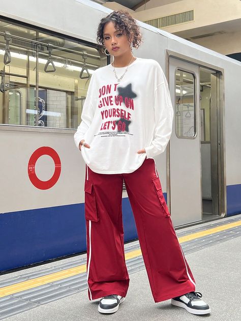 2pcs/Set Teenage Girls' Collegiate Style White Star Letter Print Loose Sweatshirt & Red Contrast Waist Cargo Pants Autumn Outfit Red and White Casual    Letter,Slogan  Non-Stretch  Teen Girls Clothing, size features are:Bust: ,Length: ,Sleeve Length: How To Style Red Cargo Pants, Red Sporty Outfit, Pants Autumn Outfit, Red Cargo Pants Outfit, Christmas Outfits For Teens, Red Cargo Pants, Red And White Outfits, Waist Cargo Pants, Collegiate Style