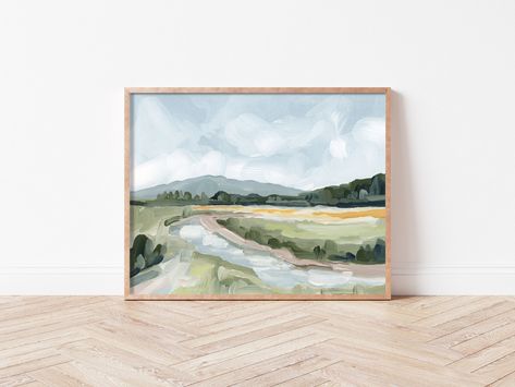 "Fine Art Print of \"Favorite Place I\" Abstract Acrylic Landscape Painting  This fine art print is a reproduction of an original acrylic landscape painting inspired by the colorful and varied landscape of Colorado--with happy blue sky, vibrant green and pops of earthy gold. The beautiful Rocky Mountain National Park is depicted here in a minimalist, impressionist style. 𝗗𝗲𝘁𝗮𝗶𝗹𝘀: ☛ Borderless fine art print of original acrylic landscape painting ☛ Printed on ultra-durable, heavyweight, sm Colorful Scenery, Colorado Wall Art, Pueblo Colorado, Sand Dunes National Park, Mountain Painting, Ski Town, Acrylic Landscape, Landscape Paintings Acrylic, Mountain Wall