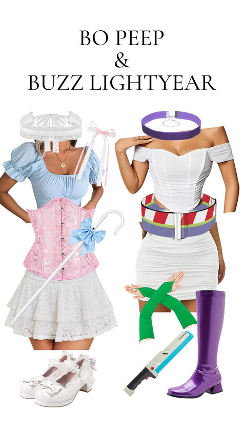 A Bo Peep and Buzz Lightyear-inspired duo costume featuring a lace skirt, pink corset, bonnet, shepherd's crook, white heels for Bo Peep, and an off-shoulder white dress, purple boots, and laser blaster for Buzz Lightyear. Perfect Halloween costume for best friends. Sporky Toy Story Costume, Little Bo Peep Costume Couple, Halloween Toy Story Costumes, Little Bo Peep Costume Women College, Buzz Toy Story Costume, Toy Story Little Bo Peep Costume, Female Buzz Lightyear Costume, Woody And Bo Peep Halloween, Little Bo Peep Toy Story