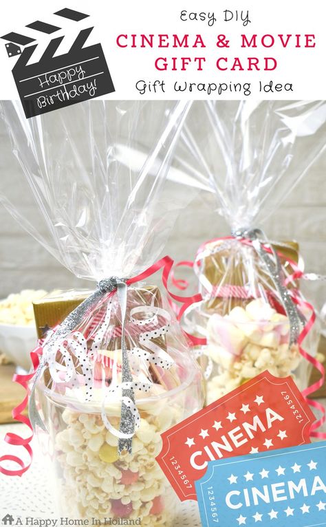 Easy movie or cinema gift card wrapping idea: The perfect gift for kids and teenagers! Cinema Gift Basket, Movie Gift Card Basket Ideas, Movie Gift Card Ideas, Card Wrapping Ideas, Gift Card Wrapping Ideas, Gift Card Wrapping, Movie Basket Gift, Cinema Gift, Gift Card Presentation