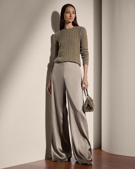 Daria Stretch Satin Wide-Leg Pant Satin Pants Outfit Winter, Satin Pants Outfit, Pants Outfit Winter, Sweatpants And Sweater, Winter Pants Outfit, Satin Trousers, Satin Pants, Swimwear Dress, Ralph Lauren Collection