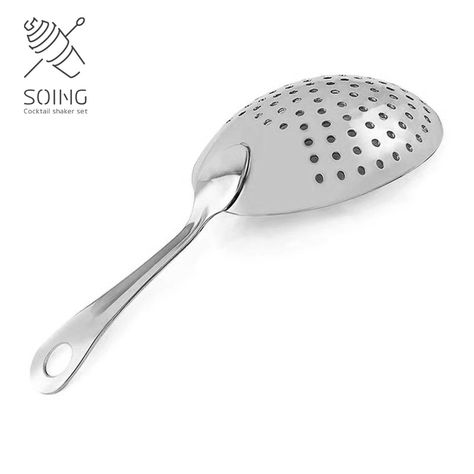 PERFECT FOR MINT JULEPS & MORE:  Specifically designed for serving the classic Mint Julep or straining ice from cocktails, the SOING Julep Strainer fits both large and standard mixing glasses, making it a versatile addition to your bar tools.  PREMIUM STAINLESS STEEL CONSTRUCTION:  Crafted from highly durable stainless steel, the Soing strainer resists acid corrosion, ensuring long-lasting quality—ideal for cocktails containing citrus or other acidic ingredients.  WIDE, ROUNDED DESIGN FOR EFFICIENT STRAINING:  With a wider and more rounded shape than classic strainers, this tool’s perforated surface efficiently filters ice and ingredients, ensuring a refreshing, smooth cocktail with every pour.  EASY TO CLEAN & MAINTAIN:  Built to withstand heavy use, Soing strainer is simple to clean, rea