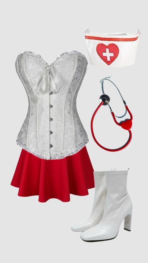 Nurse Halloween Costumes Women, Cute Nurse Costume, Nurse And Patient Costume Couple, Hot Nurse Halloween Costumes, Halloween Costumes With White Corset, Nurse And Doctor Costume Couple, Doctor Costume Women, Nurse Costume Ideas, Nurse Costume Diy