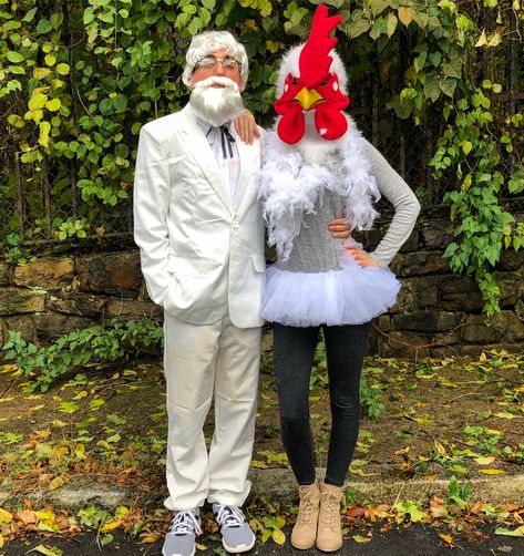 KFC couples costume Chicken Costume, Chicken Costumes, Kentucky Fried, Couples Costume, Couple Halloween, Couple Halloween Costumes, Couples Costumes, Fancy Dress, Garden Sculpture