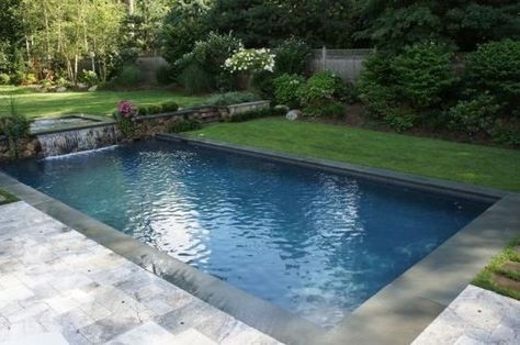 Swimming Pools for Narrow Yards | All American Custom Poolsand Spas Concrete Swimming Pool Rectangle Inground Pool Ideas, Inground Pool Ideas Backyards, Prefab Pool, Pool Concrete, Inground Pool Ideas, Concrete Swimming Pool, Rectangle Pool, Living Pool, Stone Pavers