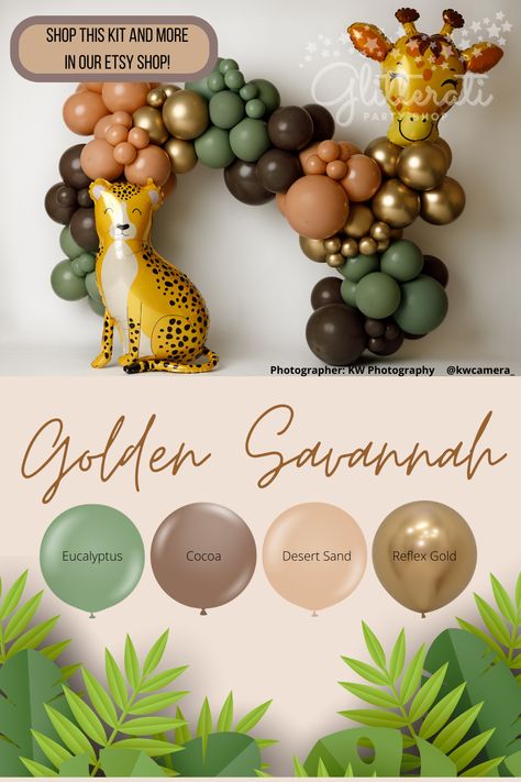 Embark on a majestic safari adventure with our Golden Savannah balloon garland kit. This kit showcases the rich and earthy tones of cocoa, desert sand, eucalyptus, and reflex gold, evoking the untamed beauty of the African savannah. #DIYBalloonGarland #SafariBabyShower #WildOne1stBday #SafariAnimalsParty #JungleBirthday #FirstBirthday #GiraffeBalloon #CheetahBalloon #BohoSafariShower #BohoJungleAnimals #SafariBalloonArch #BabyShowerBackdrop Safari Theme Color Palette, Animal Balloon Garland, Safari Balloon, Baby Shower Jungle, Boho Safari, First Bday, Homecoming Week, African Savannah, Jungle Baby Shower Theme