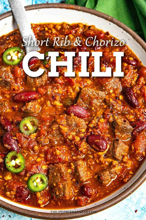 Birria Chili Recipe, Best Unique Chili Recipe, Thick Spicy Chili Recipe, Short Rib Chili Recipe, Chili Meat Recipes, Unique Chili Ideas, Creative Chili Recipes, Gourmet Chili Recipe, Cajun Chili Recipe