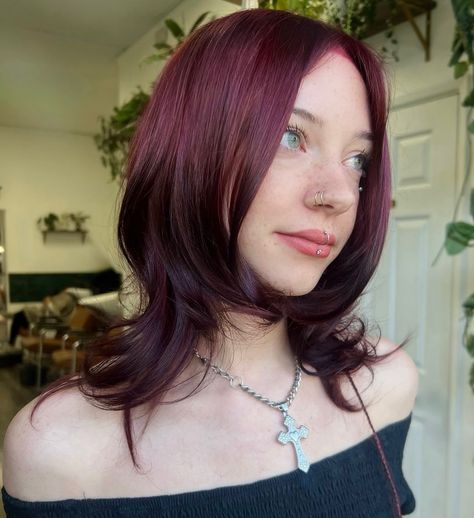 Dark Red Hair With Purple Highlights, Black Hair With Burgundy Ends, Dark Purple Bob Hair, Hair Color Bob Haircut, Dark Purple Red Hair Color, Bright Winter Red Hair, Dark Fuschia Hair, Brown Plum Hair, Dark Raspberry Hair