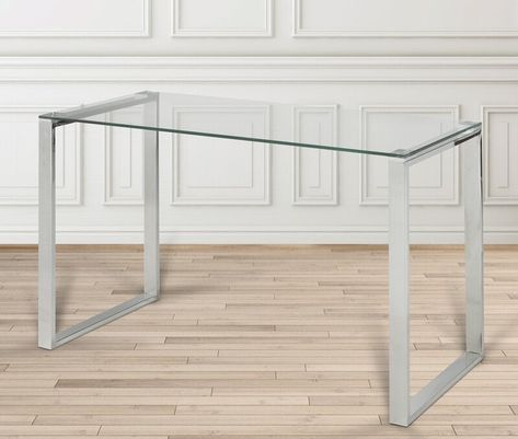 Gorgeous glass top desk with silver base Glass Study Table, Teen Desk, Silver Desk, Stylish Home Office, Glass Top Desk, Long Desk, Desk Styling, Carpentry Projects, Glass Desk