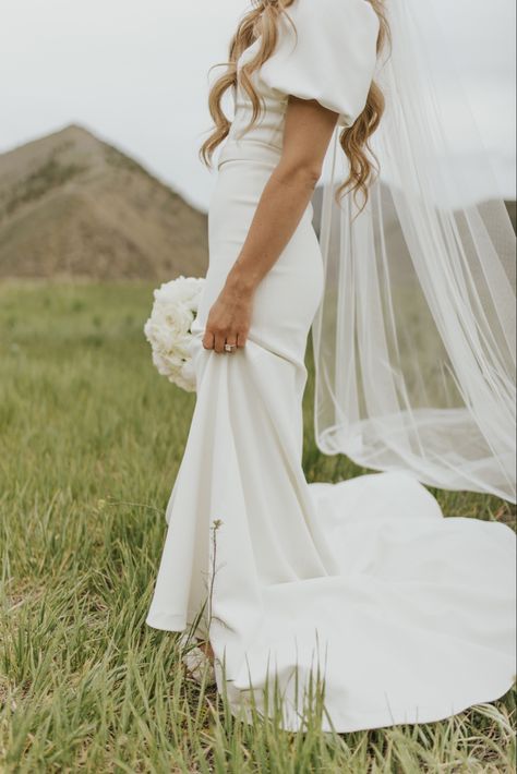 Modest Trendy Wedding Dress, Modest Tight Wedding Dresses, Fitted Wedding Dress With Puffy Sleeves, Modest Plain Wedding Dresses, Fitted Wedding Dress Modest, Modest Puff Sleeve Wedding Dress, Simple Long Sleeve Wedding Dresses, Modest Wedding Dresses Puffed Sleeves, Simple Wedding Dress Puff Sleeve