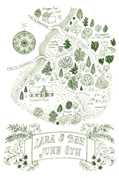 A wedding invitation hand drawn in green ink published in Thames and Hudson's 'Hand Drawn Maps - a guide for creatives'. 2017 Maps Illustration Design, Homemade Wedding Invitations, Hand Drawn Wedding Invitations, Map Illustrations, Map Projects, Map Ideas, Illustrated Maps, Hand Drawn Map, Hand Drawn Wedding