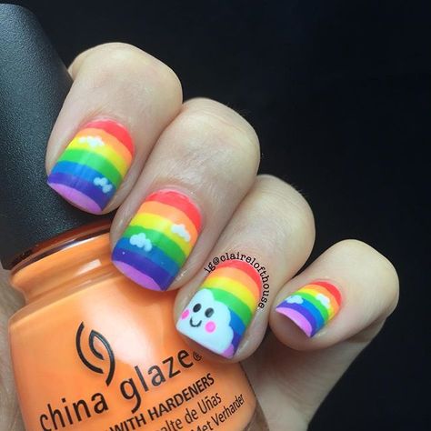 Cloud 9 Nail Design, Nailart Simple, Kawaii Cloud, Rainbow Nail, Rainbow Nails, China Glaze, Cloud 9, My Day, Nail Design